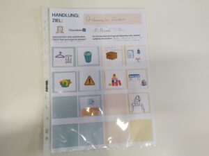 Ausgefüllter Handlungsplan mit Bildkarten in einer Klarsichthülle