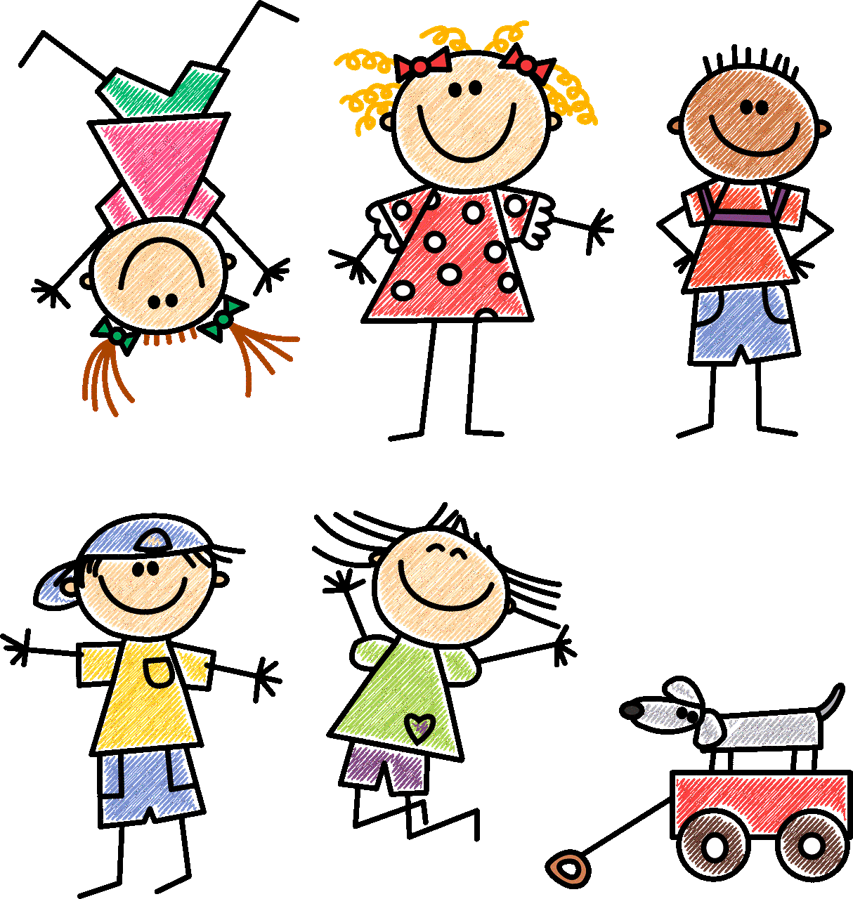 Illustration: spielende Kinder mit Hund und Bollerwagen