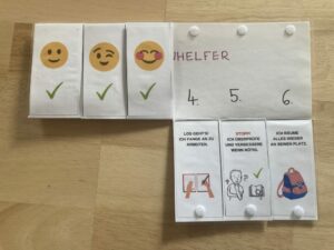 Aufgabenhelfer-Leiste mit Smileys und Bildkarten für die einzelnen Arbeitsschritte