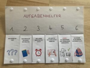 Aufgabenhelfer mit sechs nummerierten Arbeitsschritten und Bildkarten
