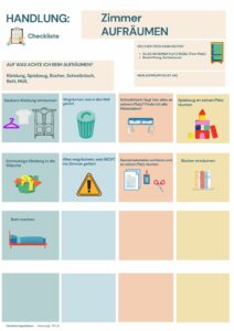 Checkliste „Zimmer aufräumen“ als Handlungsplan mit Bildkarten