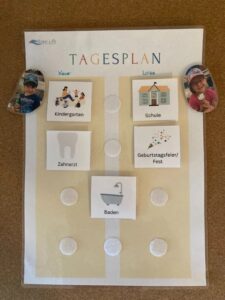 Tagesplan mit Klett-Bildkarten an einer Pinnwand