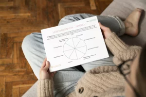 Hände halten ein Arbeitsblatt aus dem Lebenskompass mit Kreisdiagramm