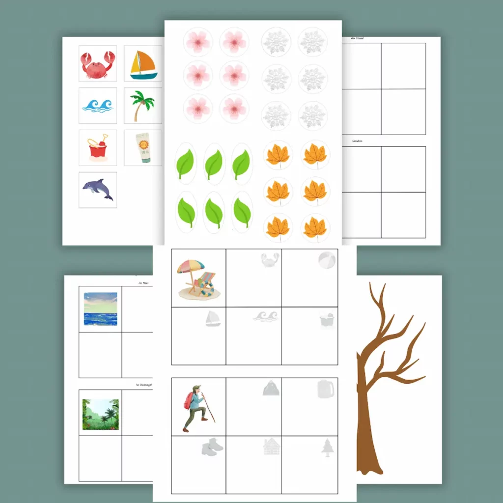 Vorlagen der TEACCH-Mappenaufgaben mit Blüten, Blättern und einem Baum