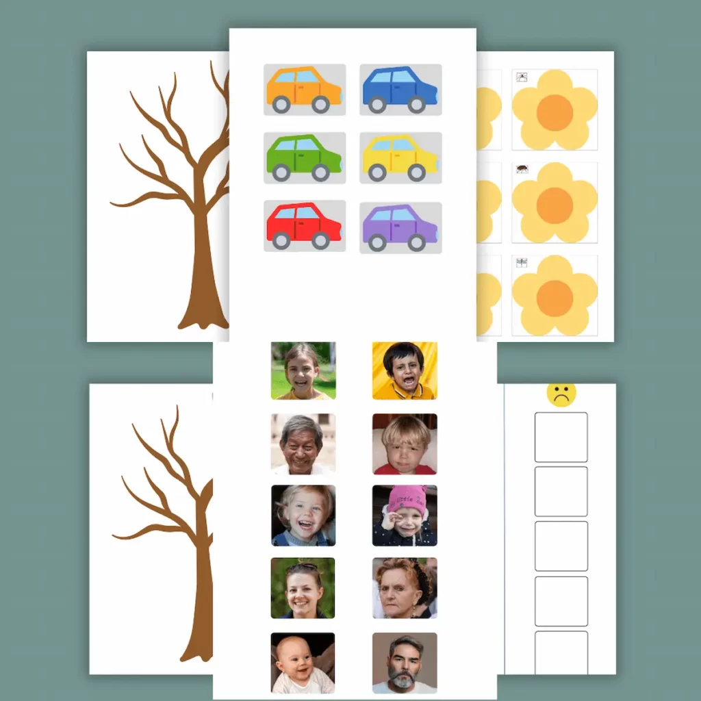 Vorlagen der TEACCH-Mappenaufgaben mit Autos, Blumen, Gesichtern und Bäumen