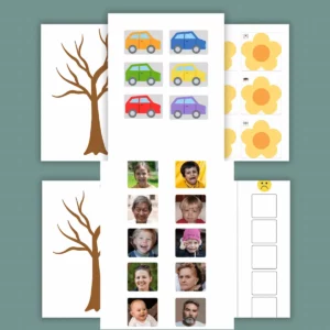 Vorlagen der TEACCH-Mappenaufgaben mit Autos, Blumen, Gesichtern und Bäumen