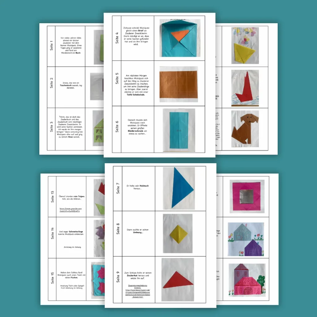 Seiten der Faltgeschichte mit Faltschritten in Buntpapier