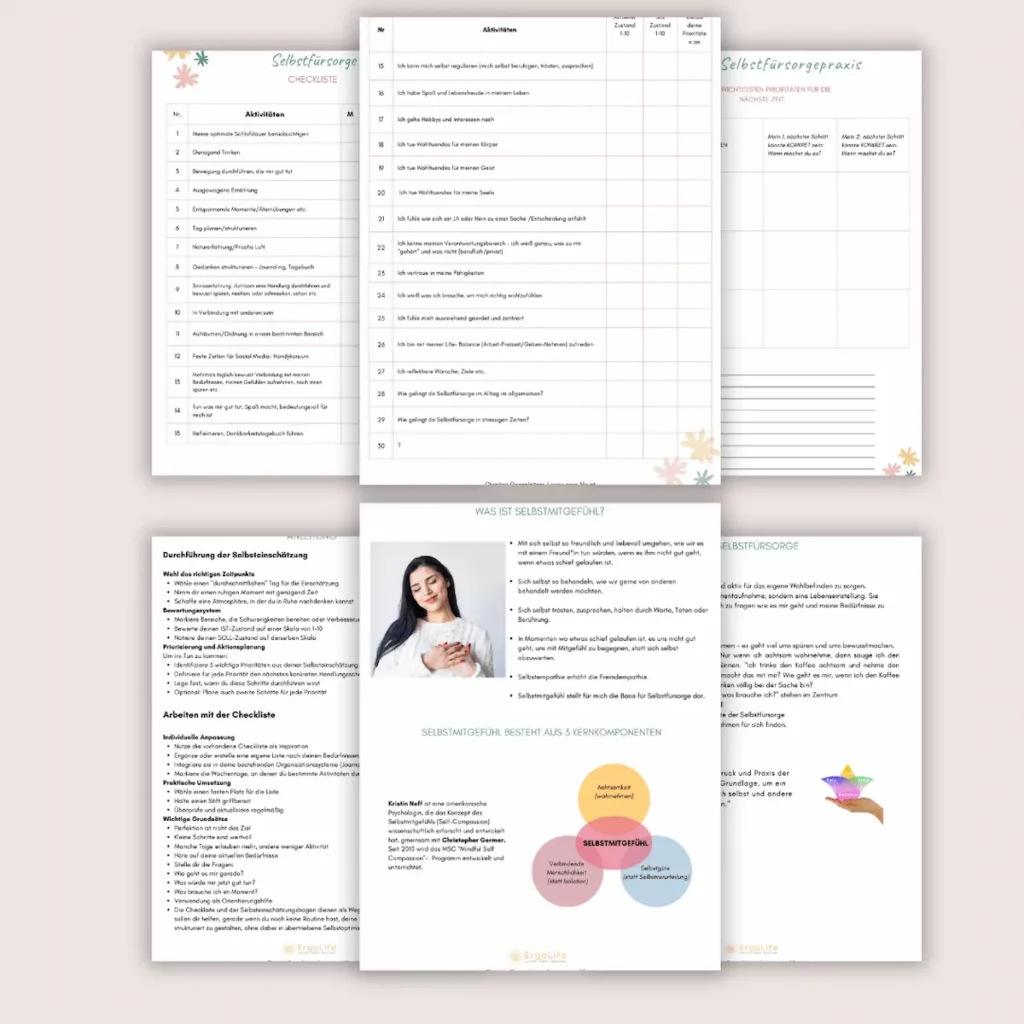 Seiten aus dem Paket „Achtsam durch den Alltag“ mit Checkliste und Selbstmitgefühl-Übungen