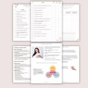 Seiten aus dem Paket „Achtsam durch den Alltag“ mit Checkliste und Selbstmitgefühl-Übungen
