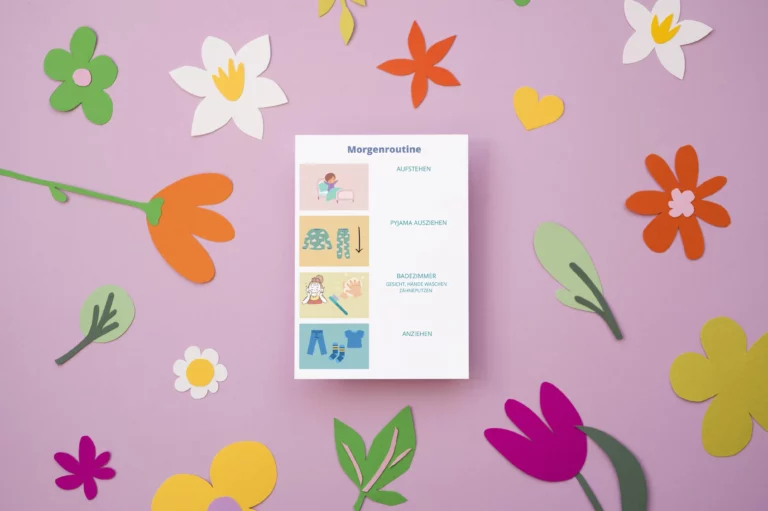 Morgenroutine-Plan auf lila Hintergrund mit Papierblumen