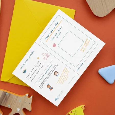 Wenn-Dann-Plan-Blatt auf orangem Hintergrund mit Holztieren