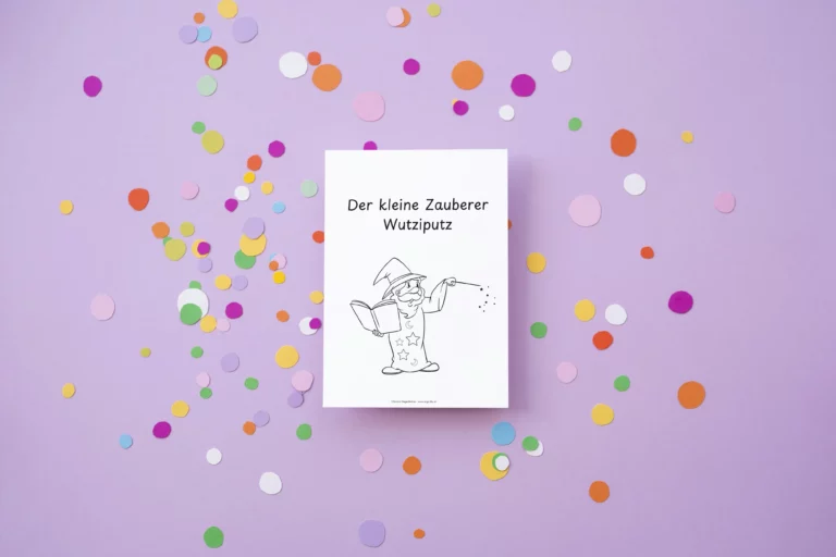 Titelblatt der Faltgeschichte „Der kleine Zauberer Wutziputz“ auf lila Hintergrund mit Konfetti