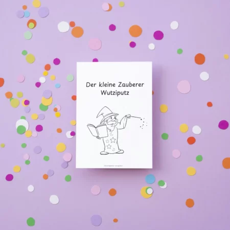 Titelblatt der Faltgeschichte „Der kleine Zauberer Wutziputz“ auf lila Hintergrund mit Konfetti