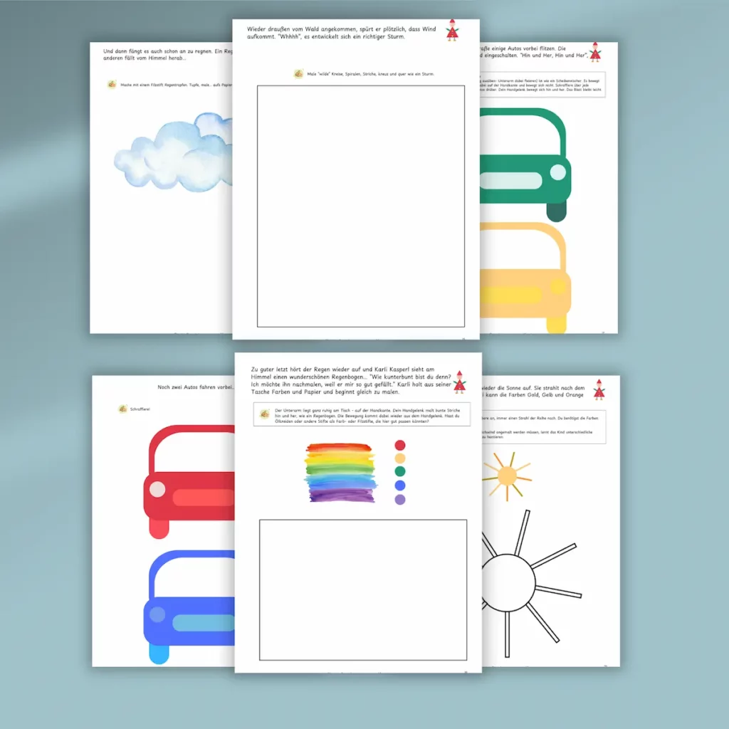 Malvorlagen mit Autos, Regenbogen, Sonne und Wolken