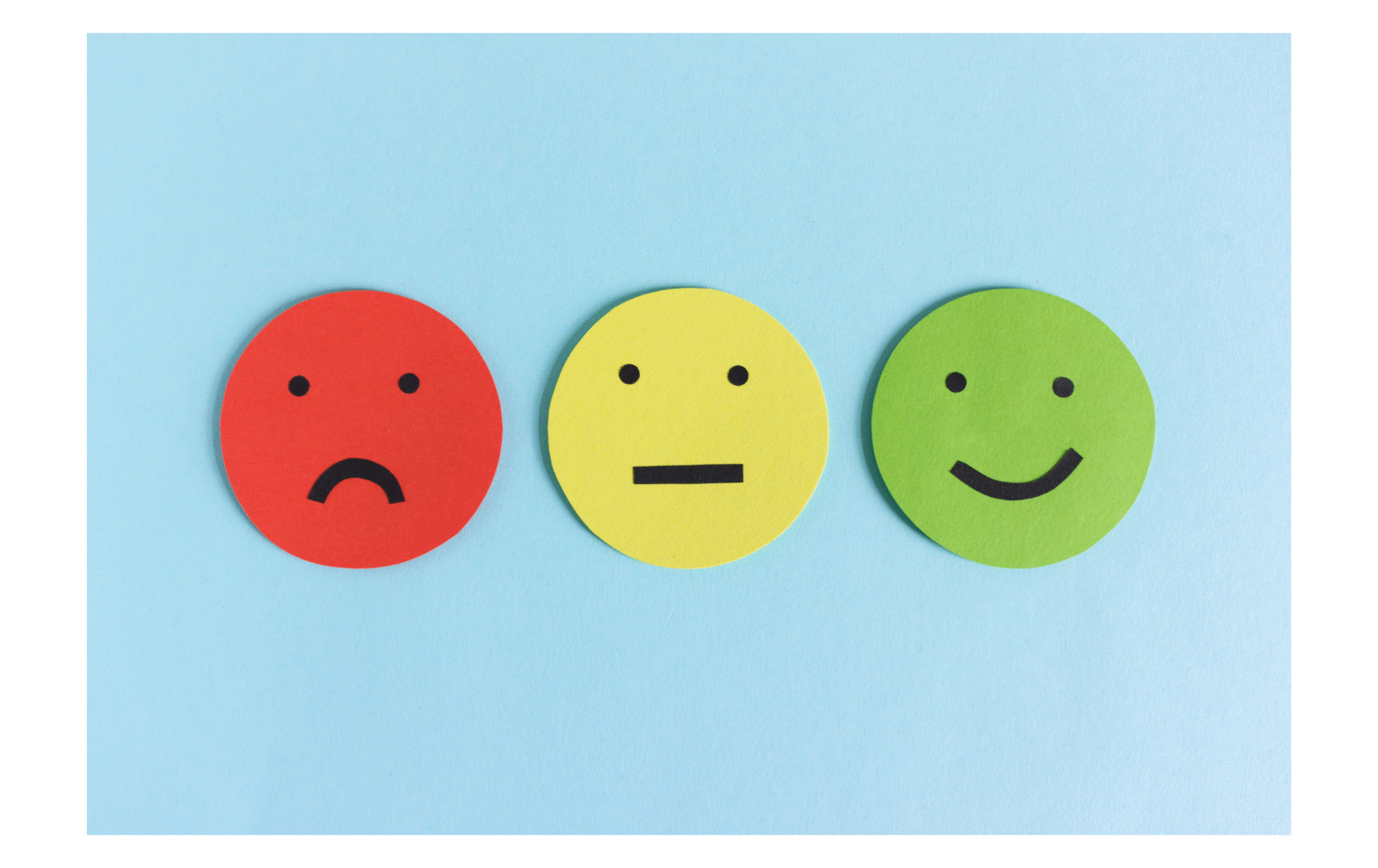 Drei Smileys: traurig, neutral und fröhlich