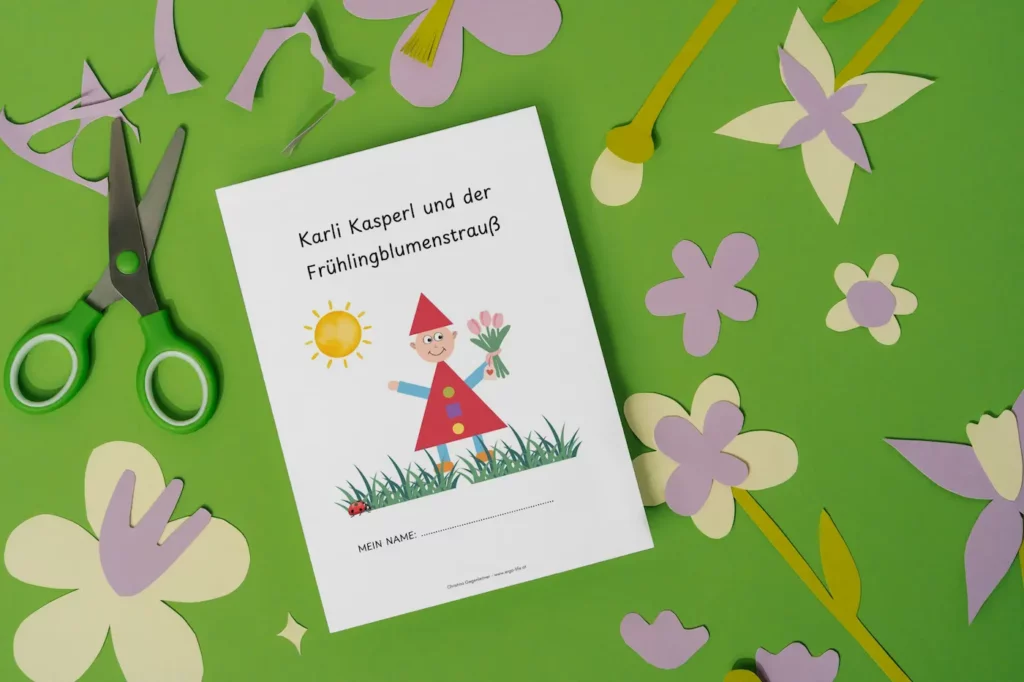 Faltgeschichte „Karli Kasperl und der Frühlingsblumenstrauß“ zwischen Papierblumen und Schere