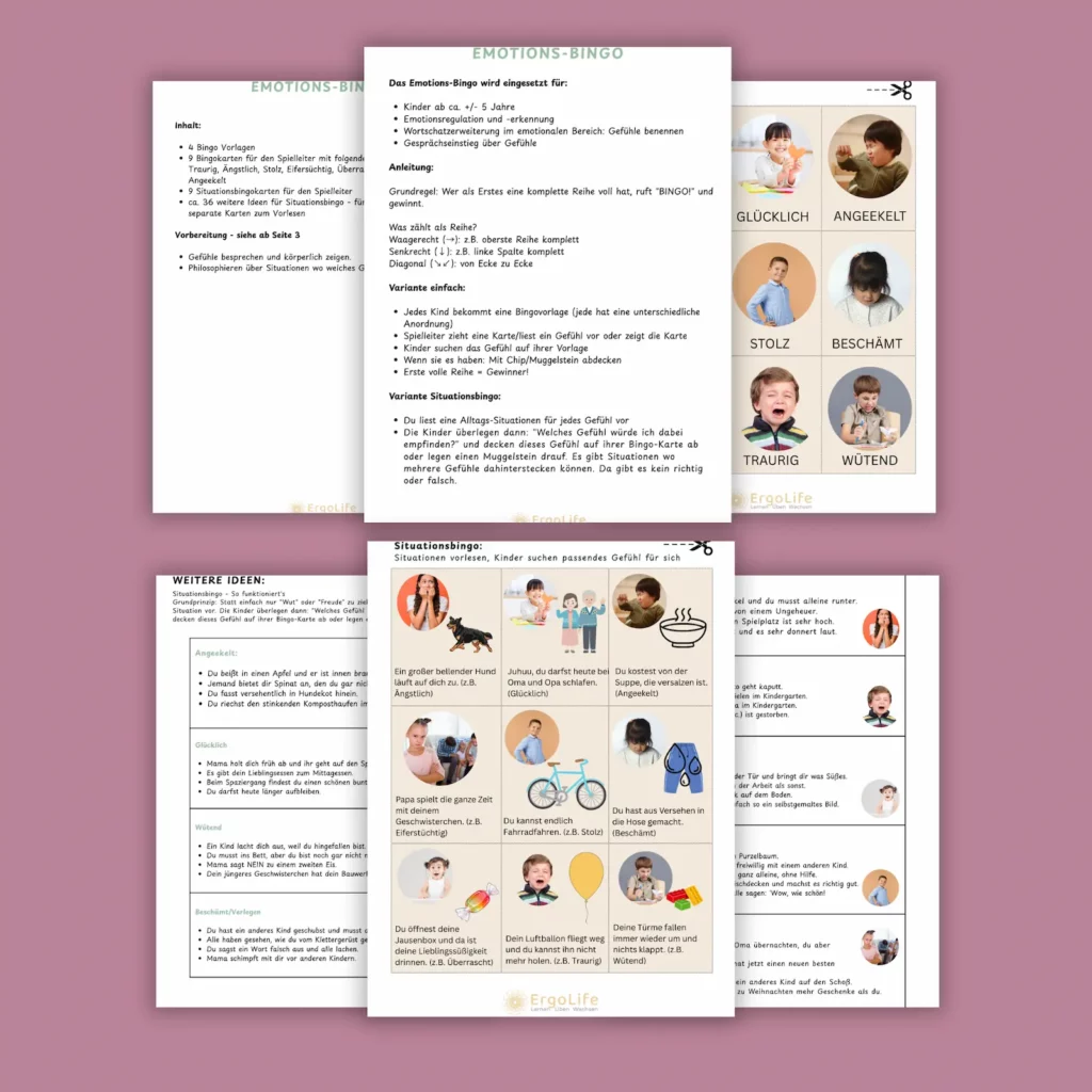 Bingo-Vorlagen und Situationskarten aus dem Emotions-Bingo mit echten Fotos