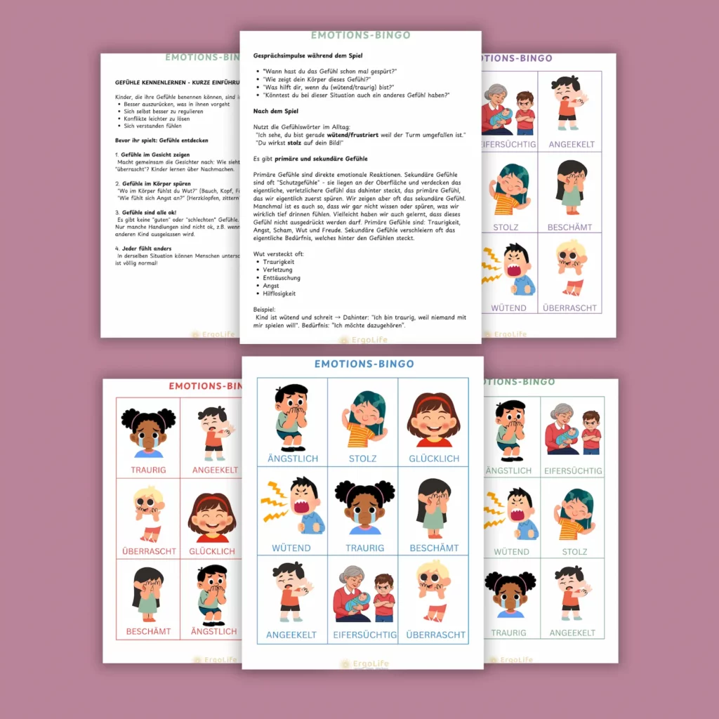 Spielanleitung und Bingo-Vorlagen aus dem Emotions-Bingo mit Illustrationen