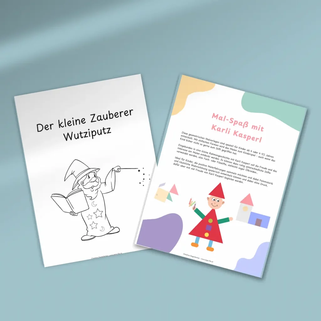 Titelseiten „Der kleine Zauberer Wutziputz“ und „Mal-Spaß mit Karli Kasperl“