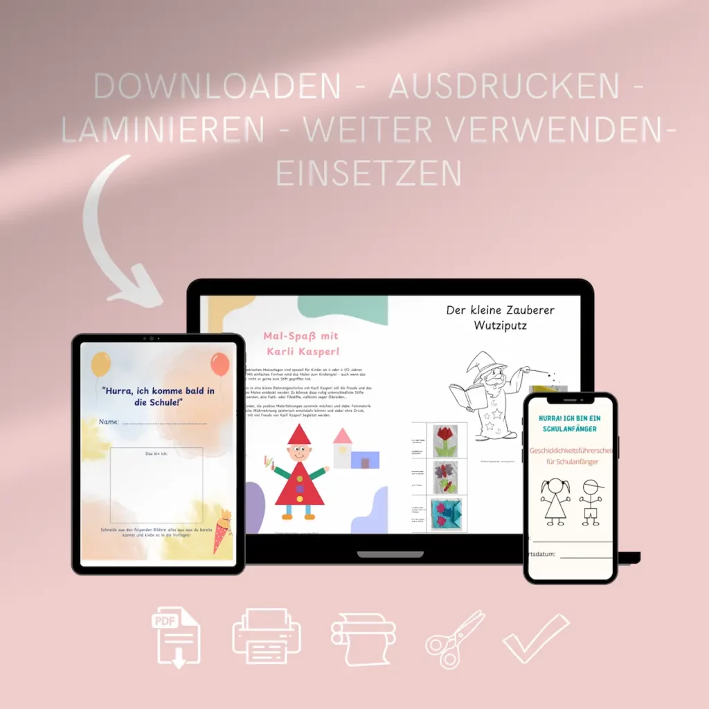 Schulstart-Materialien auf Tablet, Laptop und Handy: downloaden, ausdrucken, laminieren