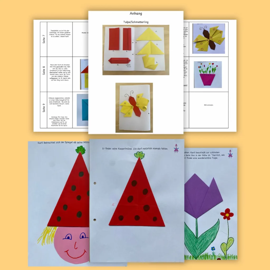 Gefaltete Papierfiguren aus der Frühlings-Faltgeschichte: Karli Kasperl, Tulpe und Schmetterling