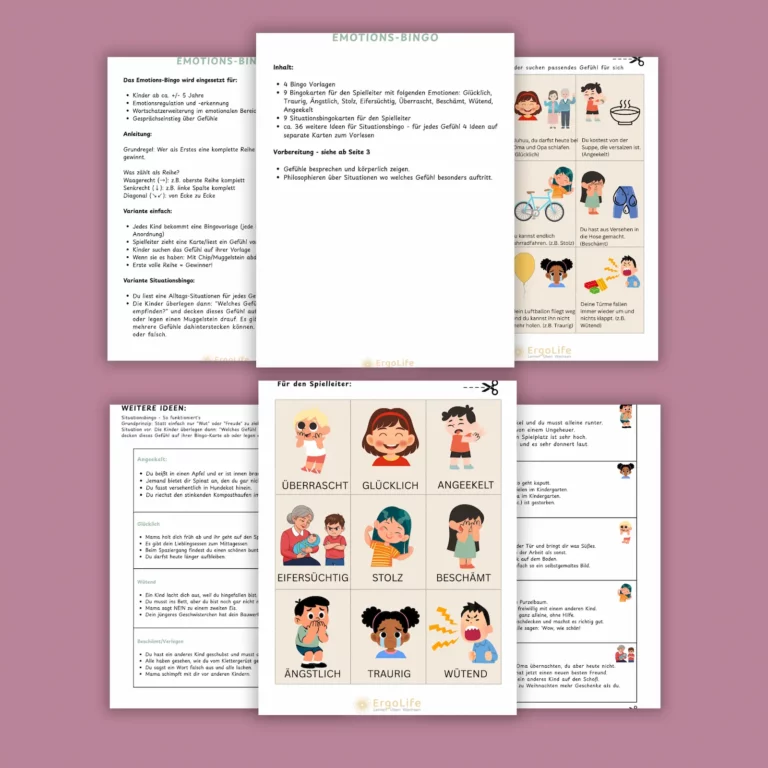 Spielanleitung und Gefühlskarten aus dem Emotions-Bingo mit Illustrationen