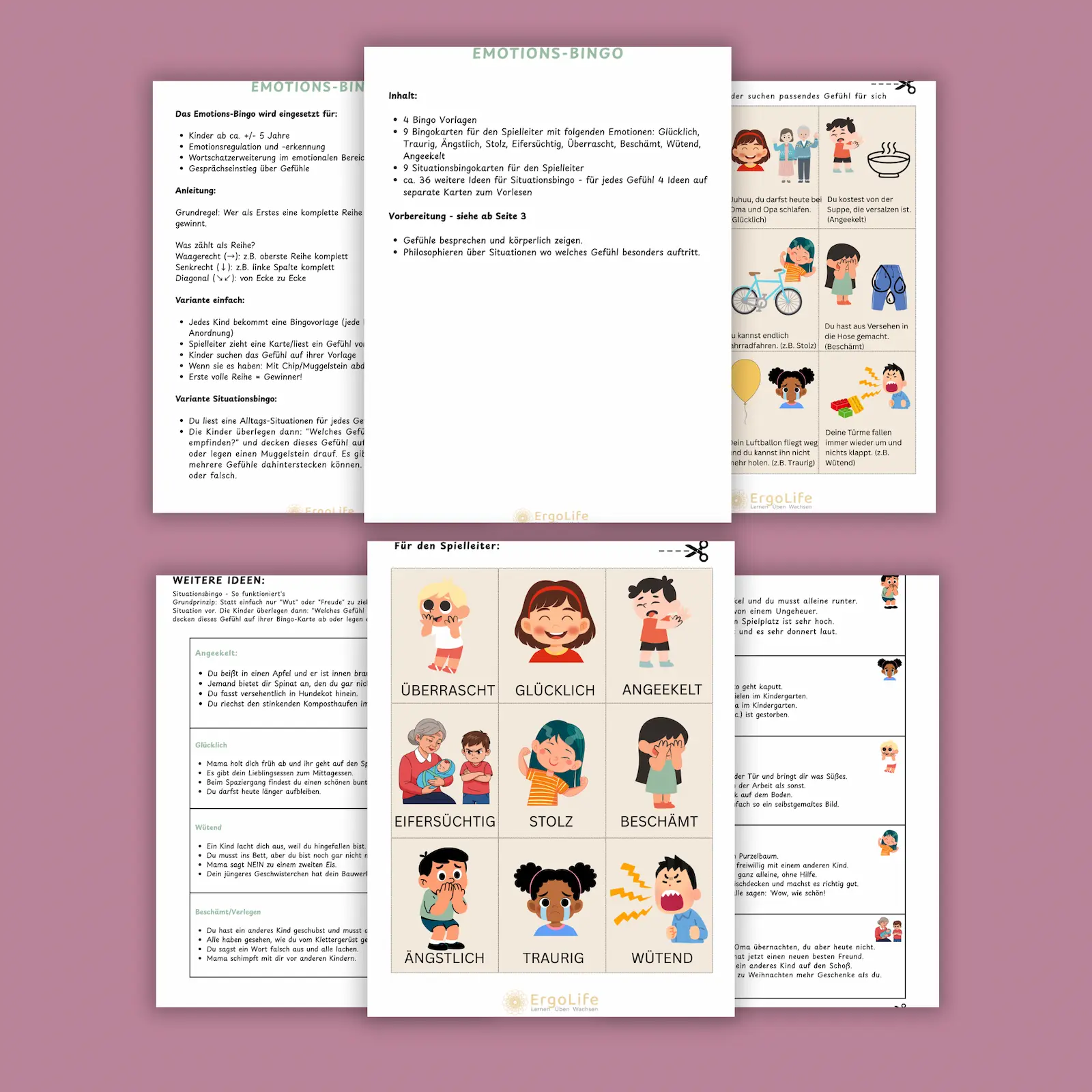 Spielanleitung und Gefühlskarten aus dem Emotions-Bingo mit Illustrationen