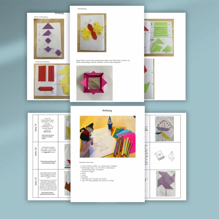Seiten der Faltgeschichte mit Fotos von gefalteten Papierfiguren