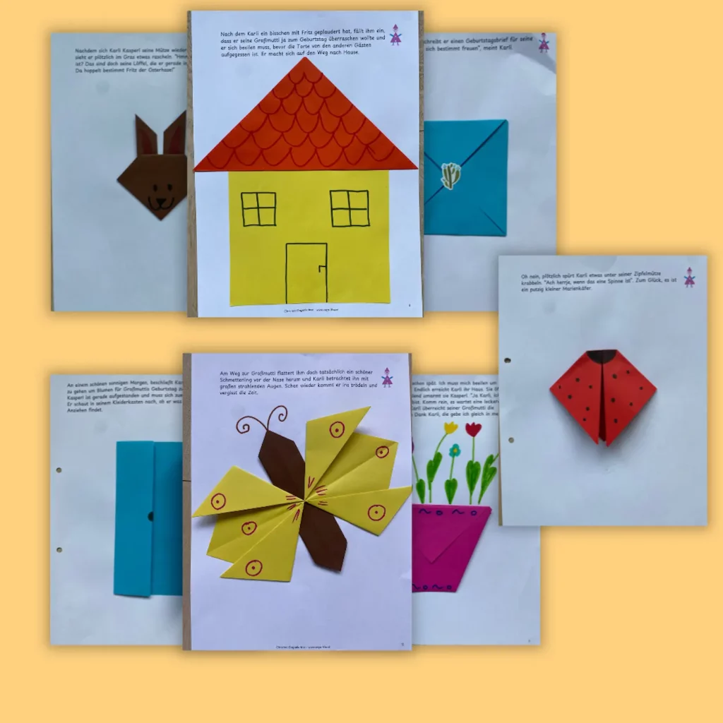 Gefaltete Papierfiguren aus der Frühlings-Faltgeschichte: Haus, Schmetterling und Blume
