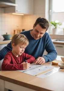 Vater hilft seinem Sohn bei den Hausaufgaben am Küchentisch