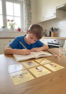 Junge macht Hausaufgaben am Küchentisch, vor ihm Strukturkarten