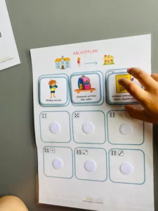 Kinderhand legt eine Bildkarte auf einen Ablaufplan aus dem Schulstarthelfer