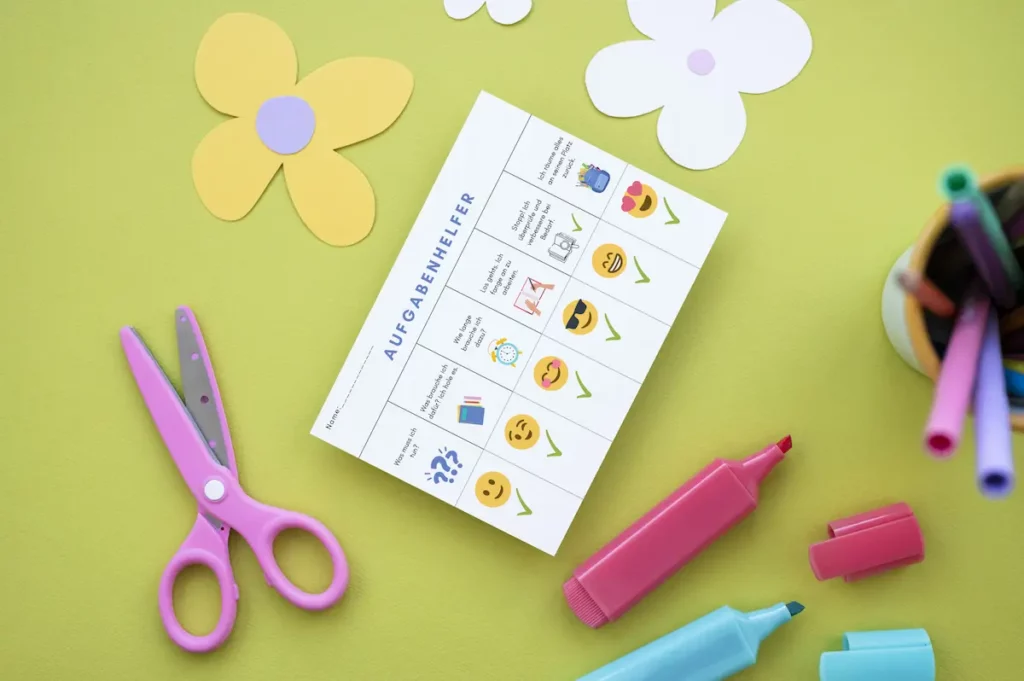 Aufgabenhelfer-Karte mit Smileys neben rosa Schere und Filzstiften auf grünem Papier